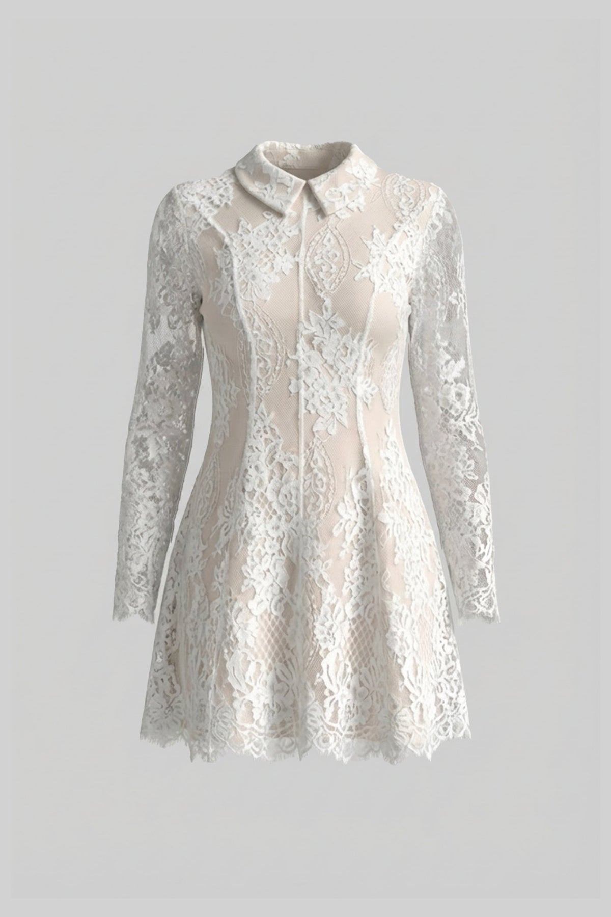 Long Sleeve Lace Collared Mini Dress with Sheer Overlay – Ivory – view 2