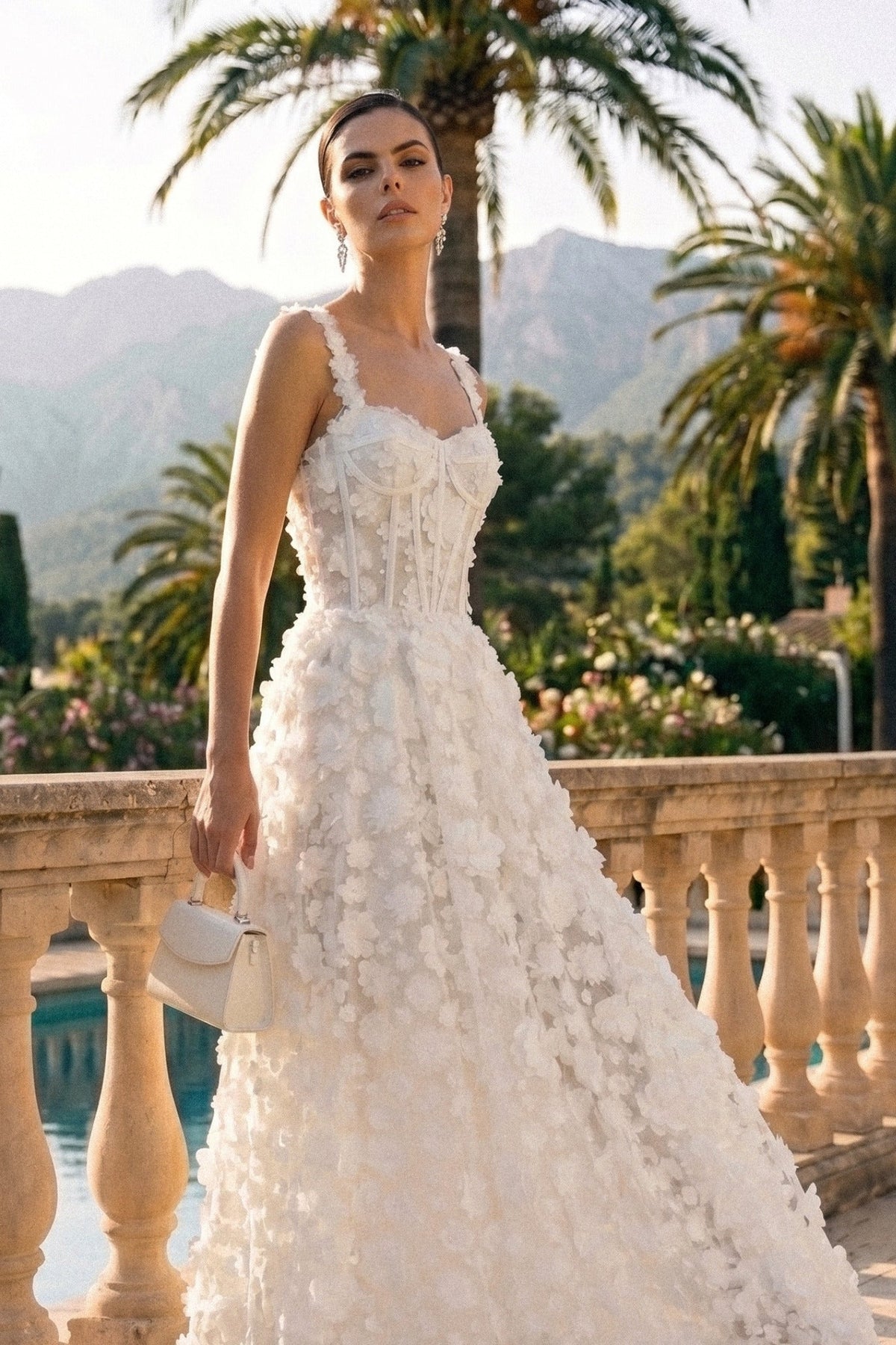 Floral Appliqué Corset Bodice Sweetheart Neck Maxi Dress – White – view 4