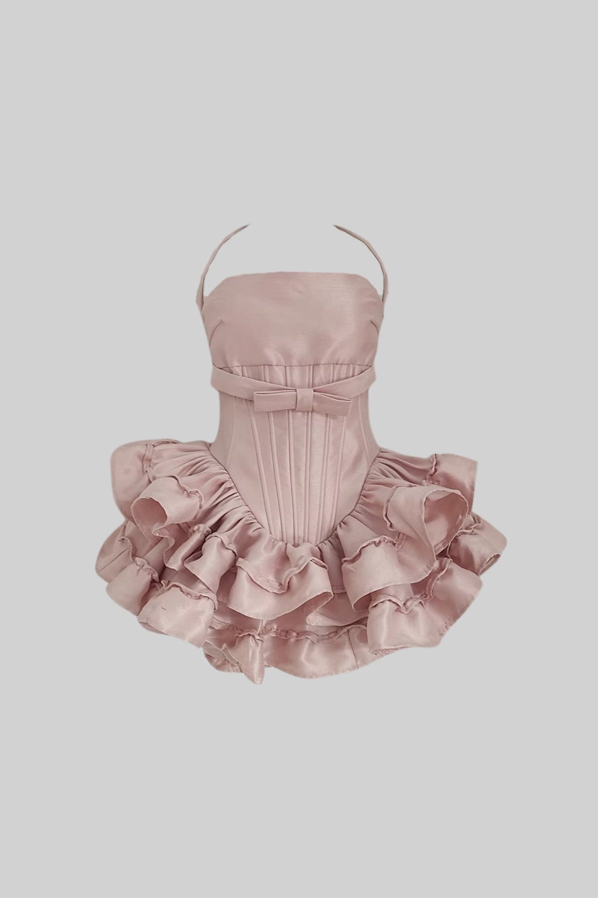 Corset Mini Dress with Layered Ruffle Skirt and Waist Bow – Pink – view 6