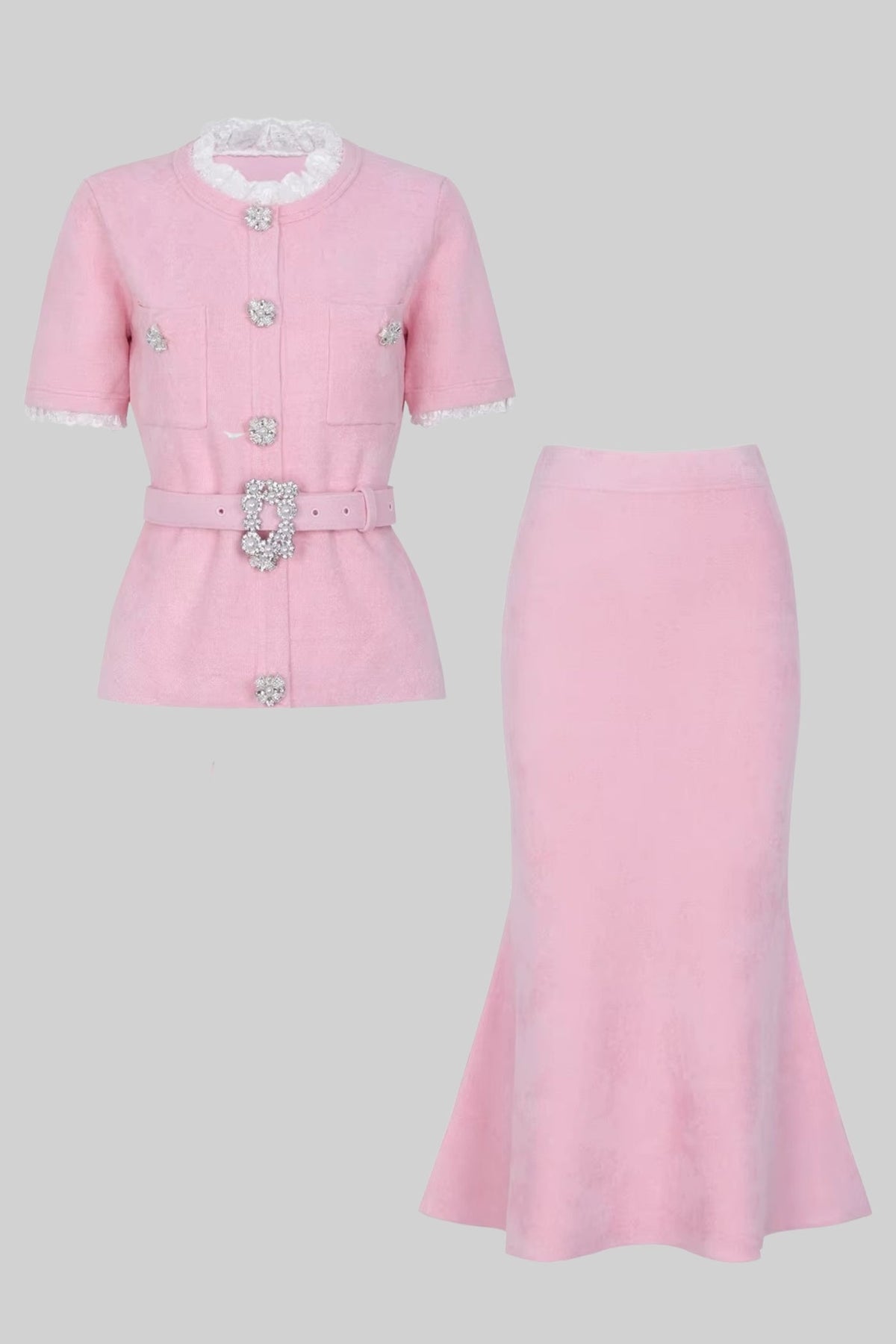 Peplum Knit Top and Fluted Midi Skirt Set with Crystal Belt – Blush Pink – view 9