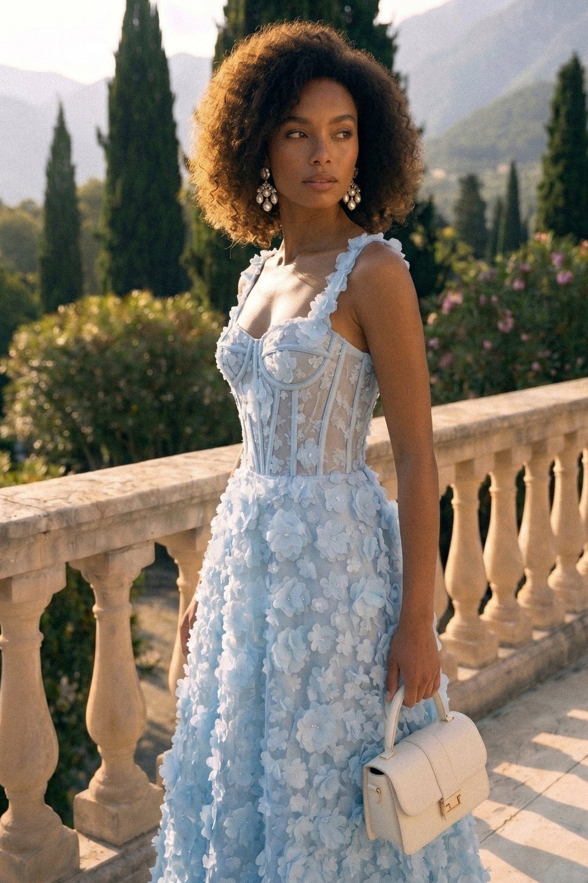 Floral Appliqué Corset Bodice Sweetheart Neck Maxi Dress – Blue – view 3