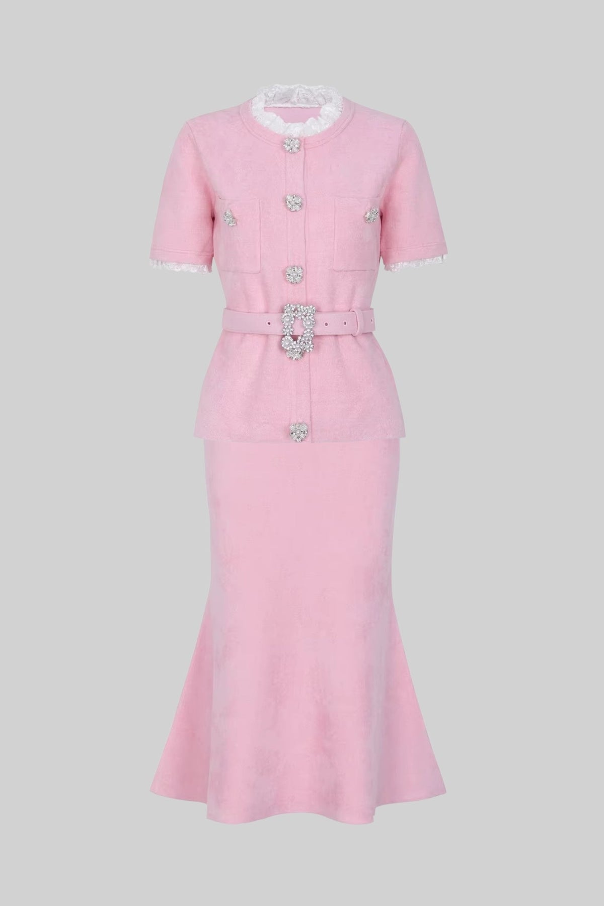 Peplum Knit Top and Fluted Midi Skirt Set with Crystal Belt – Blush Pink – view 2