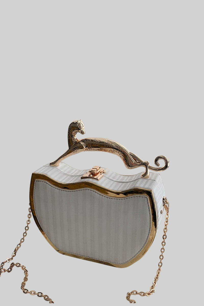 Structured Box Bag with Metallic Leopard Detail – White