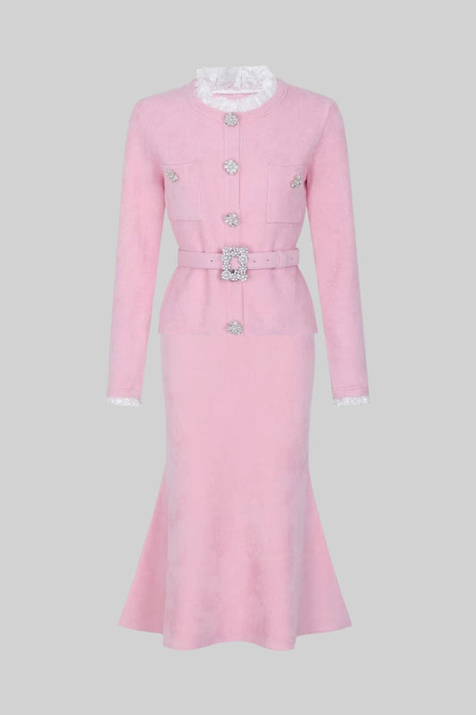 Lace Trim Knit Cardigan and Midi Skirt Co-ord with Crystal Buttons – Blush Pink