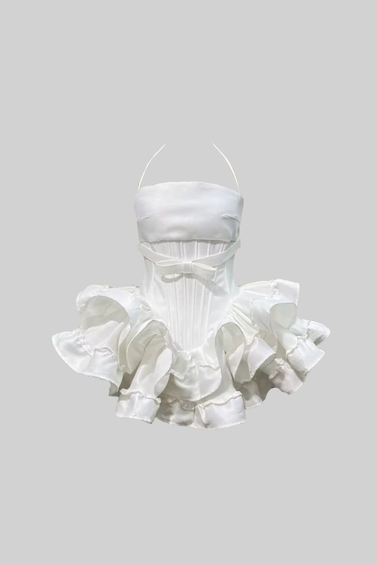 Corset Mini Dress with Layered Ruffle Skirt and Waist Bow – White