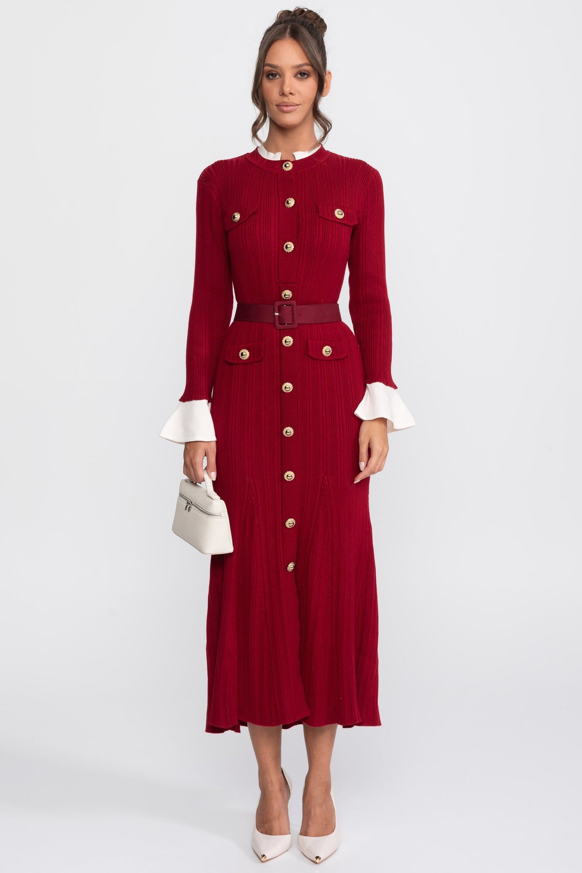 Fine Rib Knit Belted Midi Dress with Ivory Collar and Flared Cuffs – Red – view 1