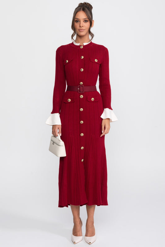 Fine Rib Knit Belted Midi Dress with Ivory Collar and Flared Cuffs – Red
