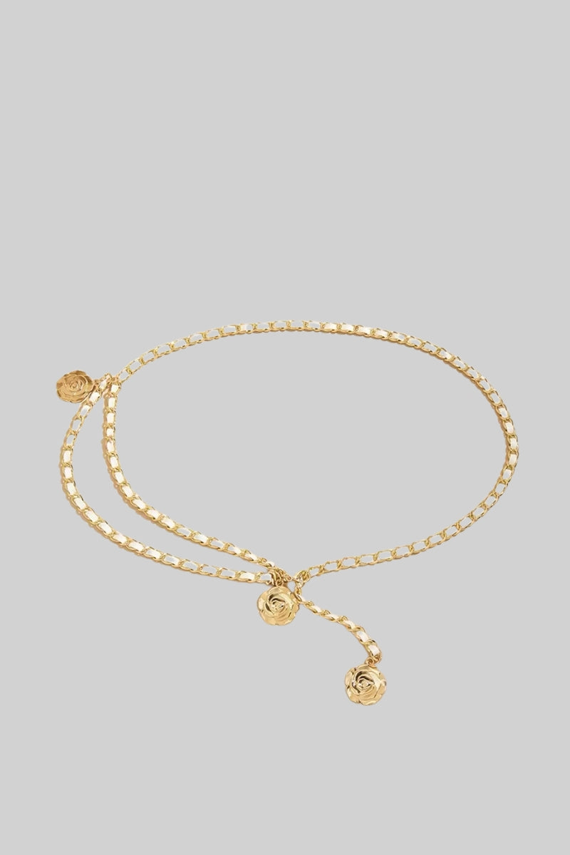 Skinny Vegan Leather Belt with Gold Pendant Detail – White – view 2