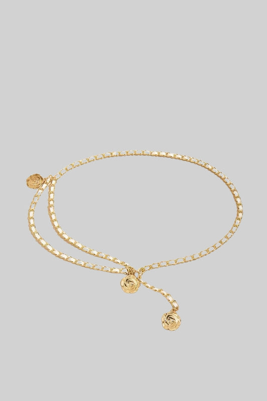 Skinny Vegan Leather Belt with Gold Pendant Detail – White