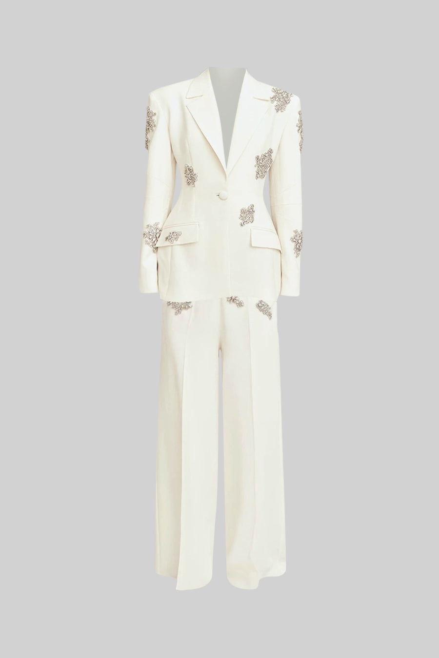 Floral Embellished Double-Breasted Blazer and Wide-Leg Trouser Suit – White – view 2