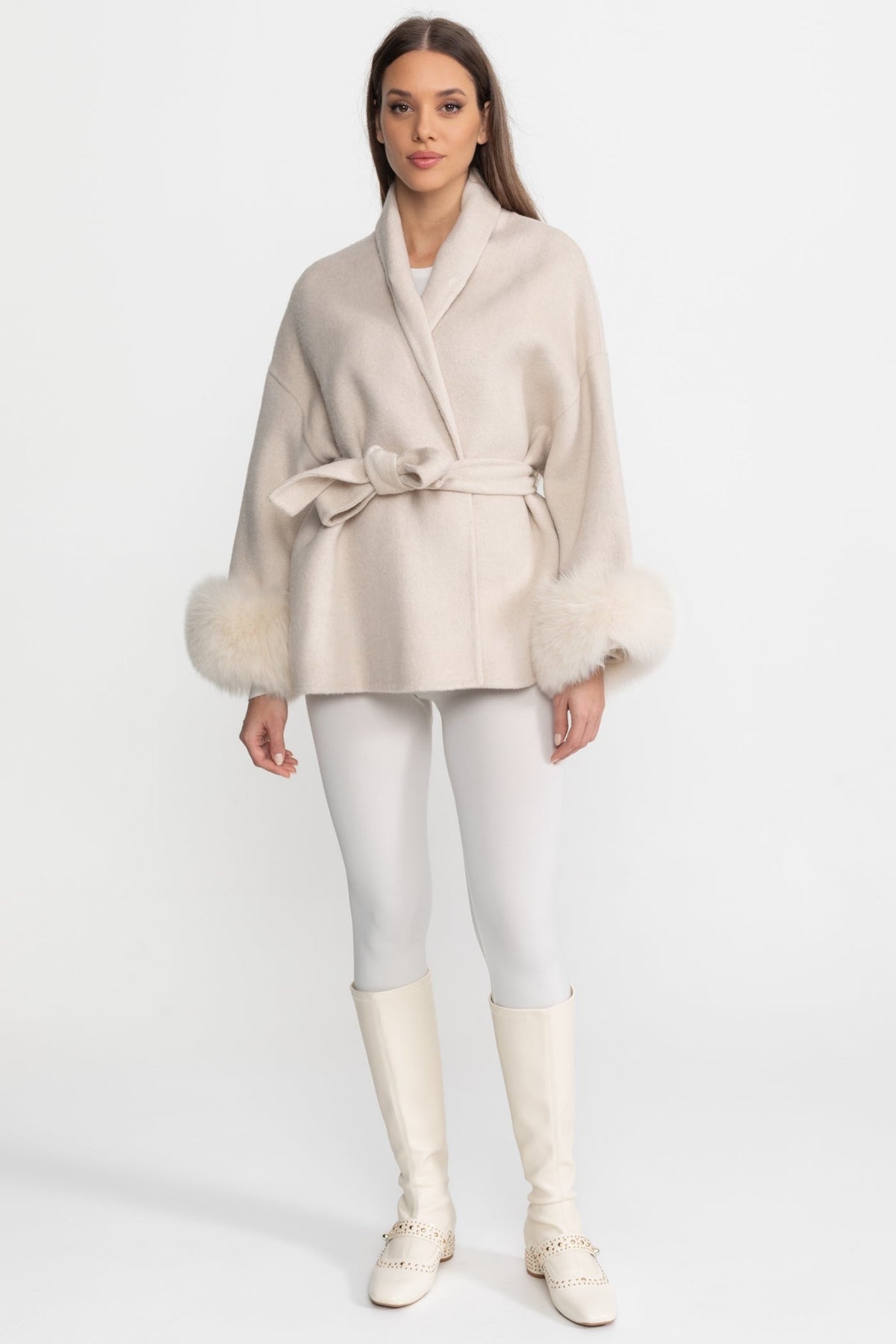 Wool Blend Wrap Jacket with Plush Cuffs – Cream – view 2