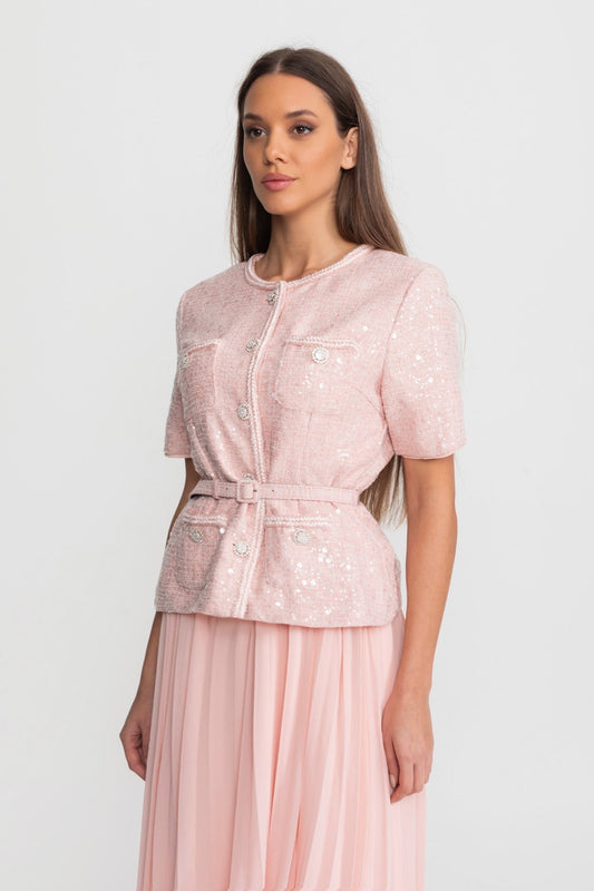 Tweed and Pleated Chiffon Belted Midi Dress with Crystal Buttons – Blush Pink