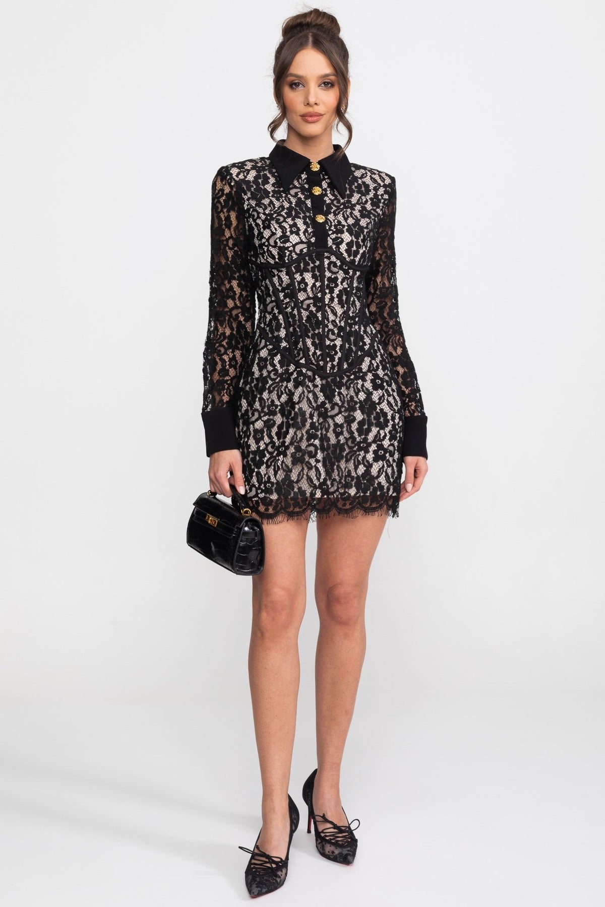 Long Sleeve Stretch Lace Mini Dress with Gold Buttons and Scallop Hem – Black