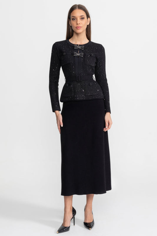 Embellished Tweed Cropped Jacket and A-Line Midi Skirt Set with Bows – Black