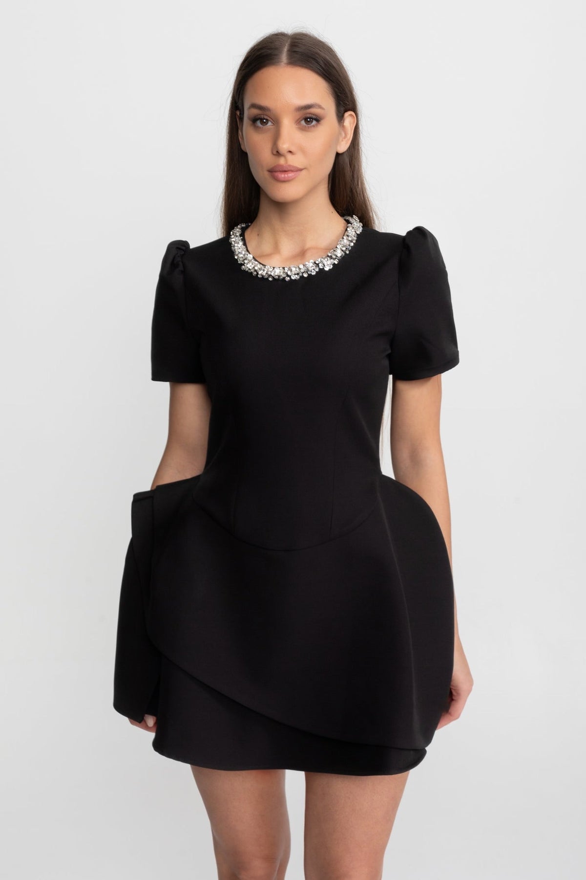 Puff Sleeve Tailored Mini Dress with Crystal Embellished Neckline – Black – view 1