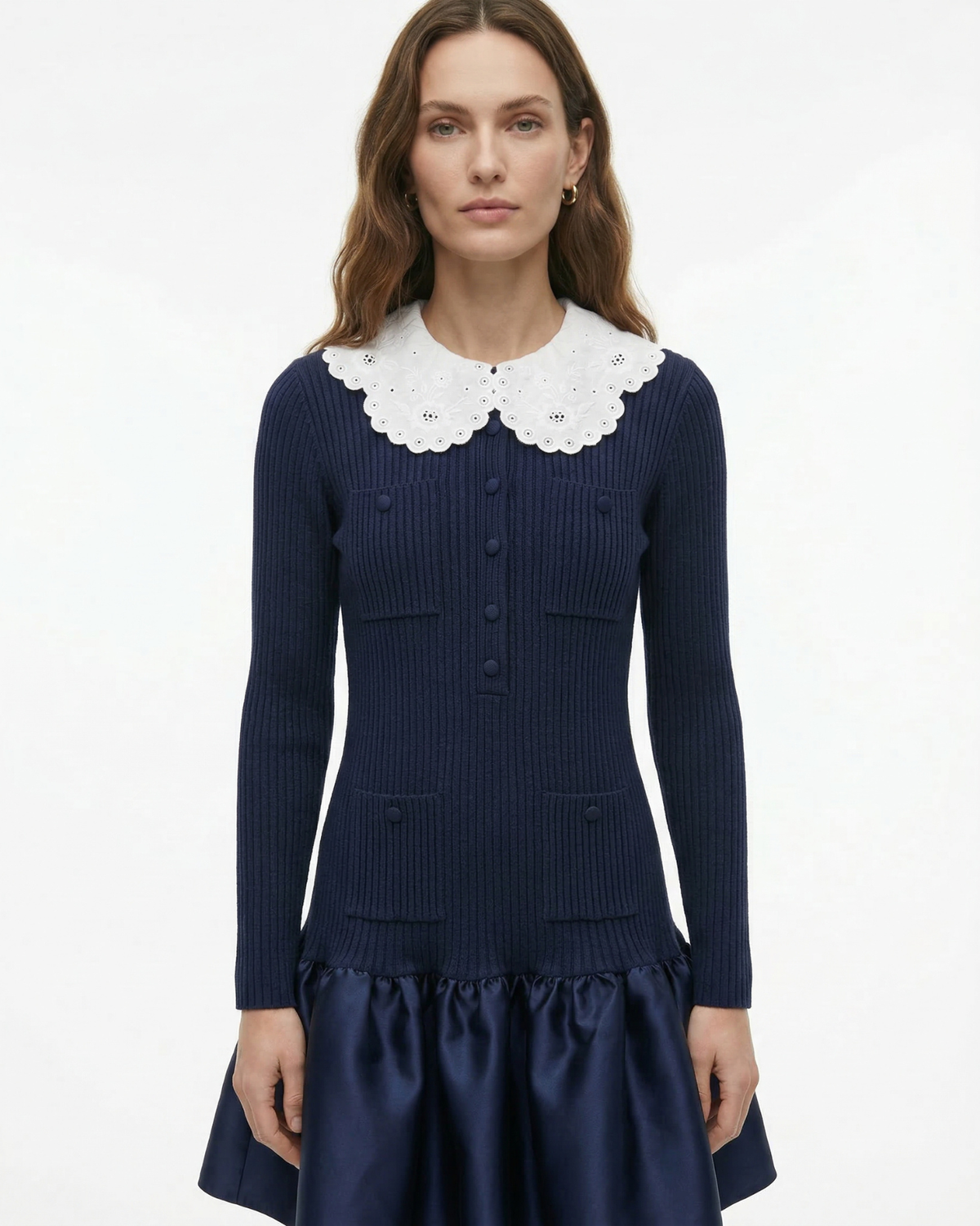 Candie Embroidered Lapel Knit Dress with Ruffled Skirt – Dark Blue – view 5