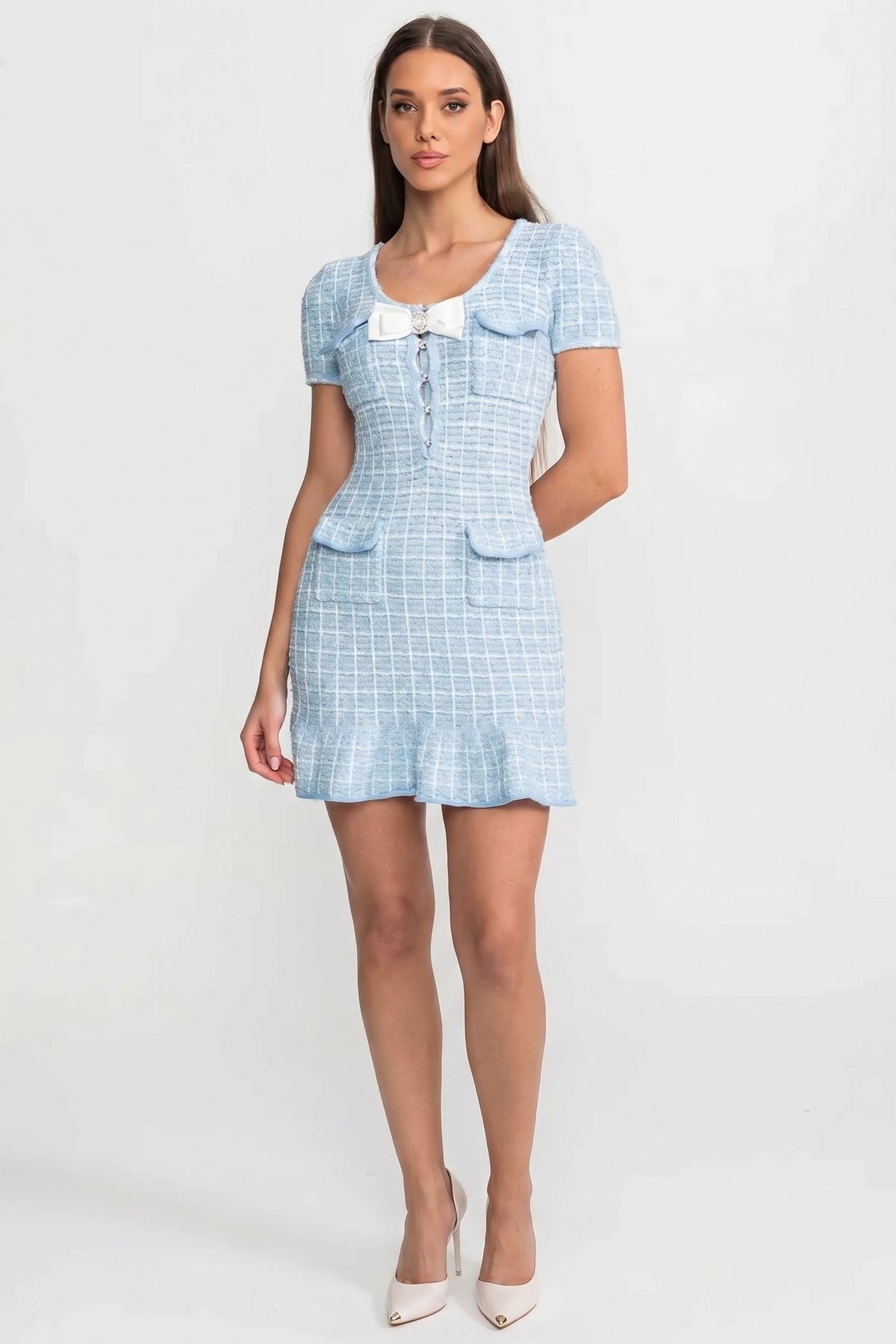 Check Tweed Short Sleeve Mini Dress with Crystal Bow – Light Blue – view 4