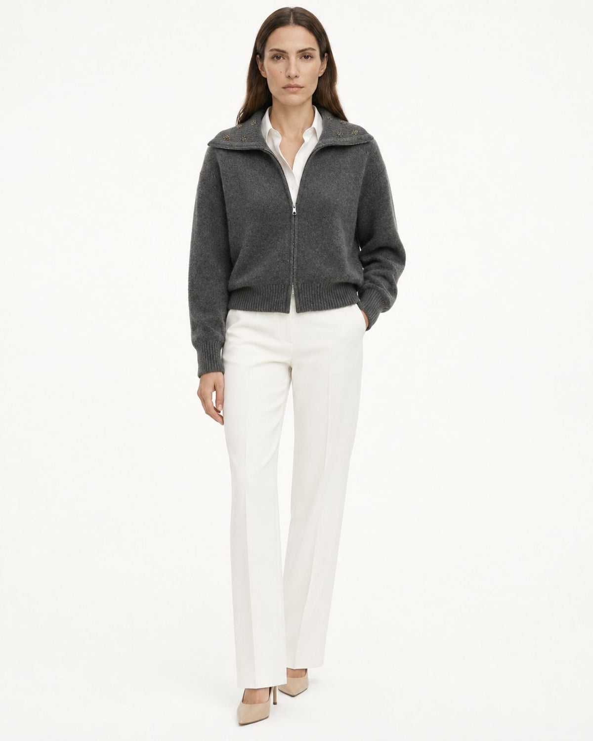 Lina Beaded and Embroidered Cashmere Zip Cardigan with Lapel Collar – view 11