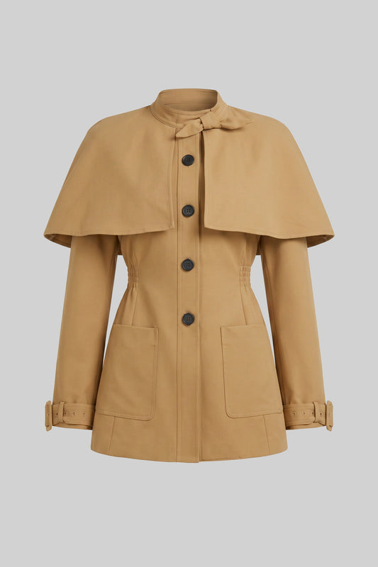 Single-Breasted Trench Coat with Structured Cape Overlay – Beige