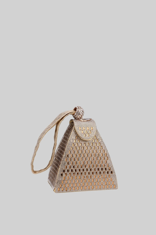 Triangular Metallic Bag with Golden Stones – Gold