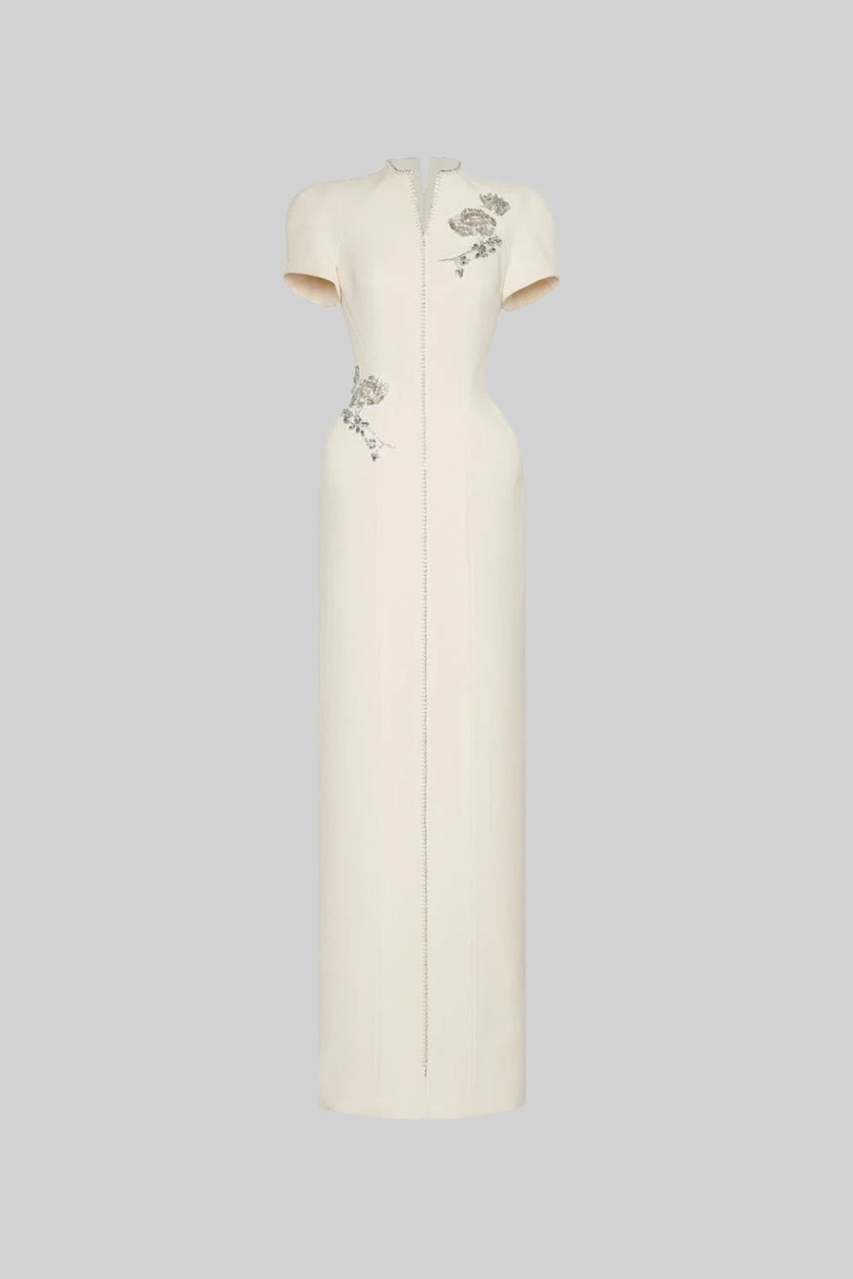 Structured Split Neck Short Sleeve Midi Dress with Crystal Trim – Ivory – view 8