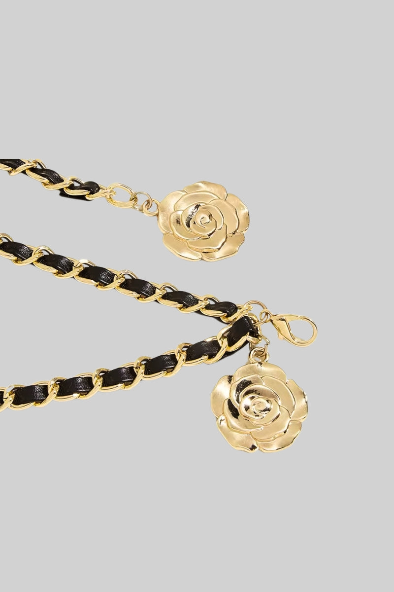 Skinny Vegan Leather Belt with Gold Pendant Detail – Black – view 2