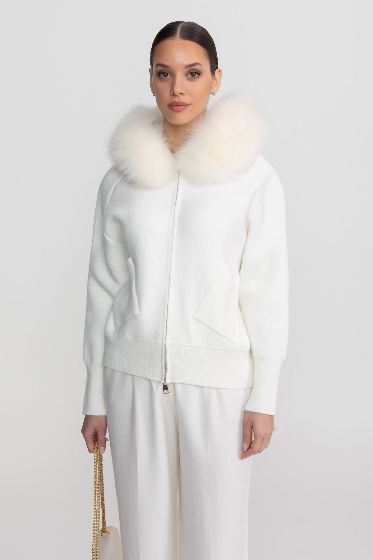Zip-Up Wool Blend Knit Hoodie – Ivory – view 2