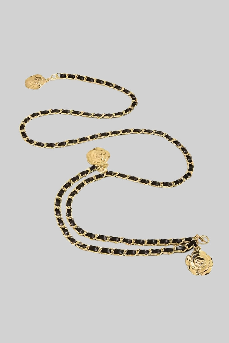 Skinny Vegan Leather Belt with Gold Pendant Detail – Black – view 3