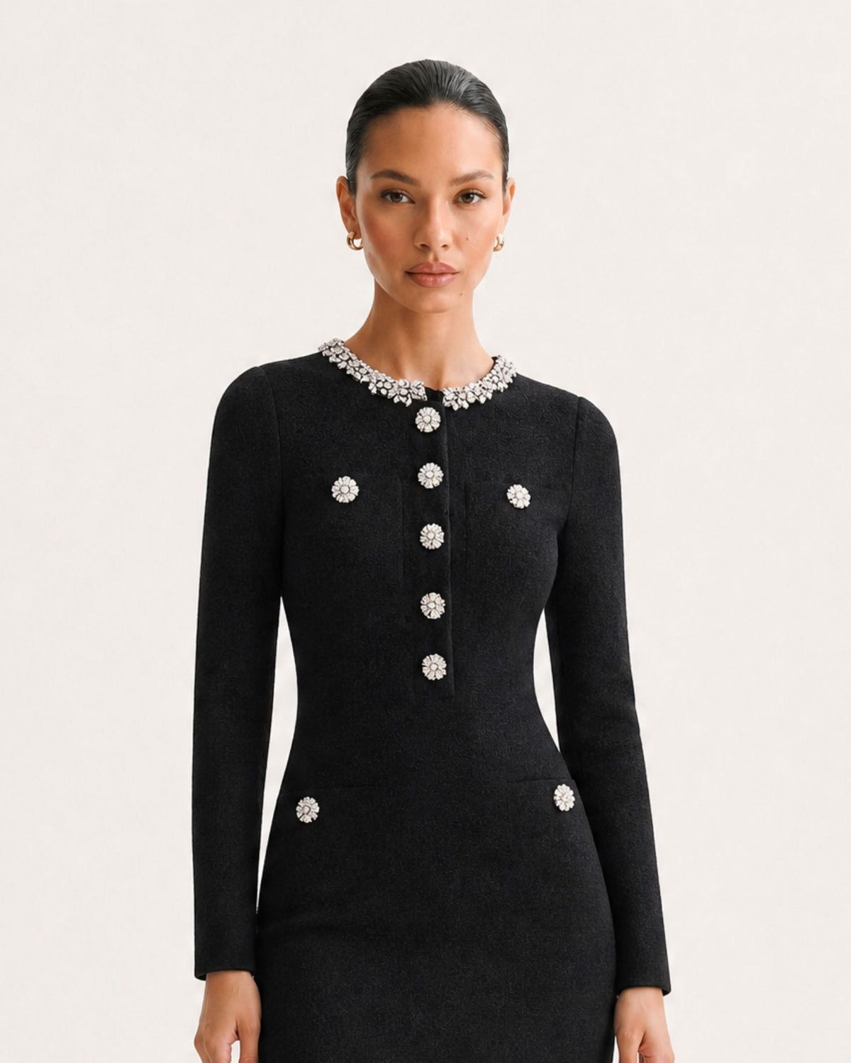 Long Sleeve Slim Fit Knit Mini Dress with Rhinestone Sleeves – view 3