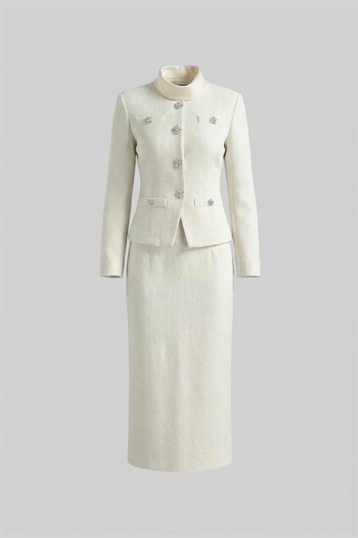 High Neck Bouclé-Style Midi Dress with Crystal Buttons – White – view 2
