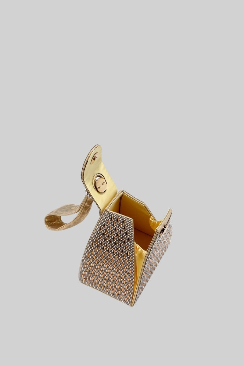 Triangular Metallic Bag with Golden Stones – Gold