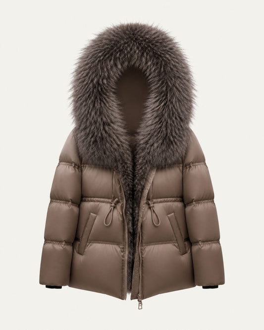 Belted Goose Down Coat with Detachable Collar