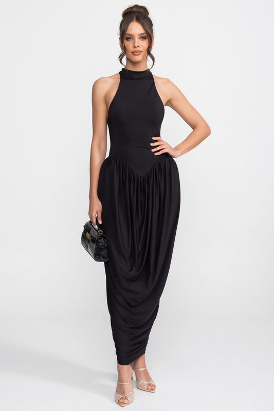 High Halter Neck Fitted Maxi Dress with Gathered Balloon Skirt – Black