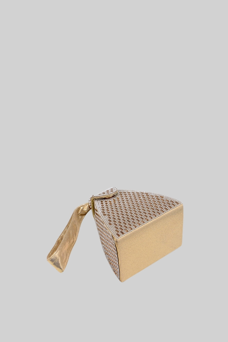 Triangular Metallic Bag with Golden Stones – Gold