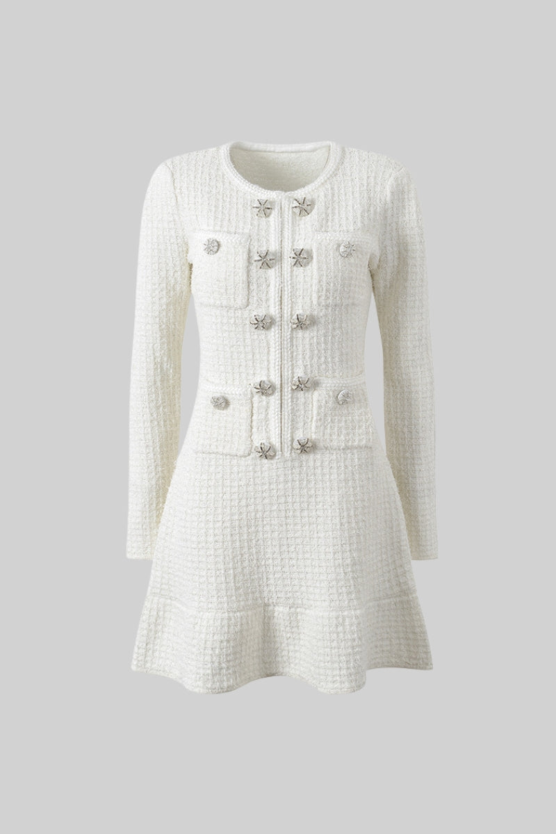 Long Sleeve Knee-Length Textured Knit Dress with Silver Buttons – White