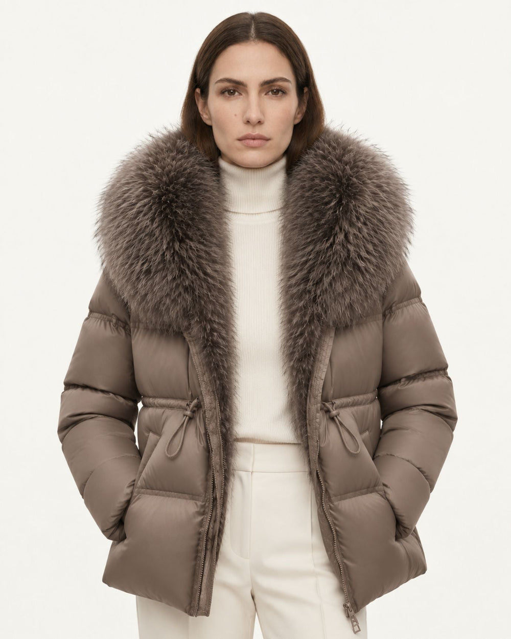 Belted Goose Down Coat with Detachable Collar