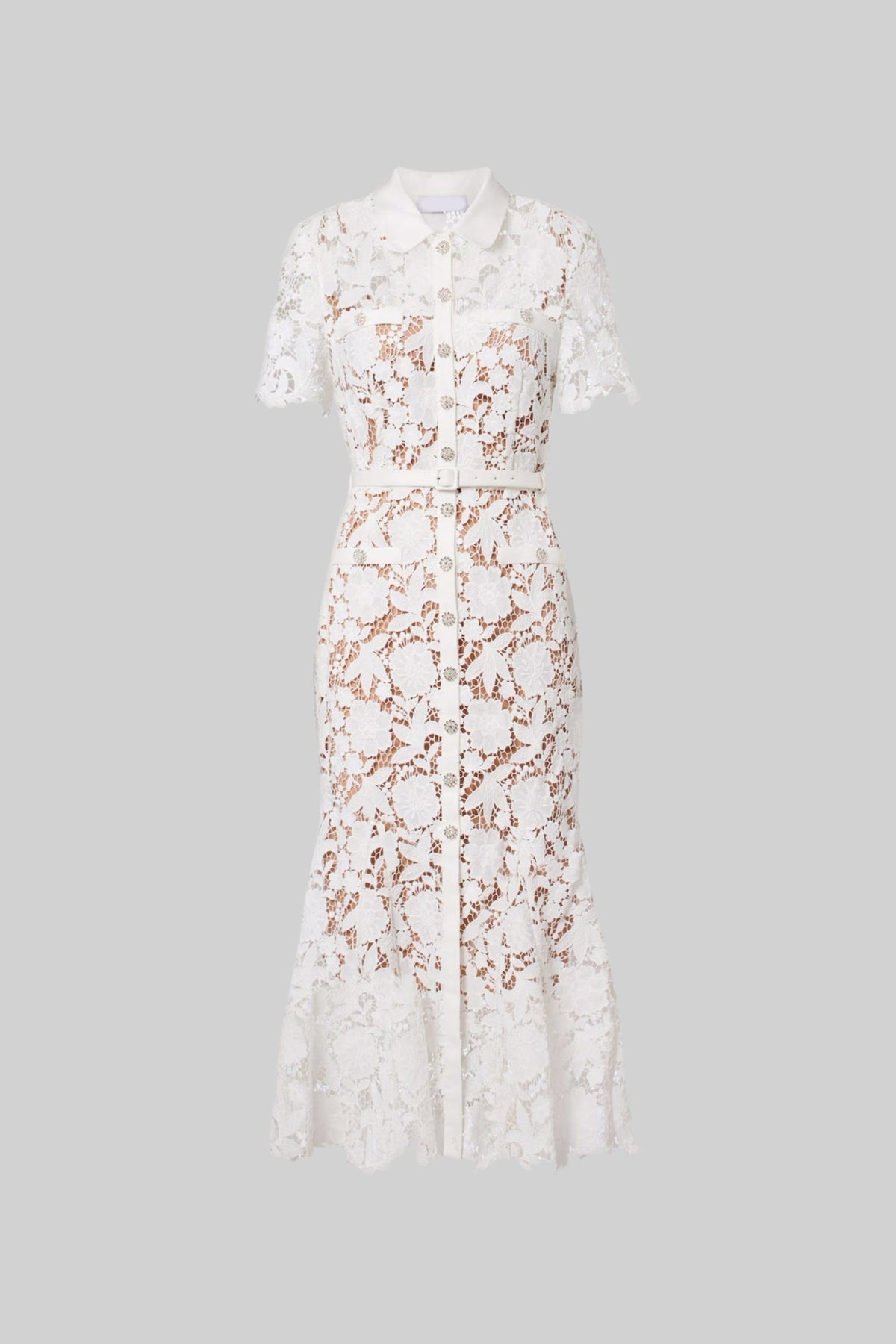 Lace Short Sleeve Collared Midi Dress with Belted Waist – White