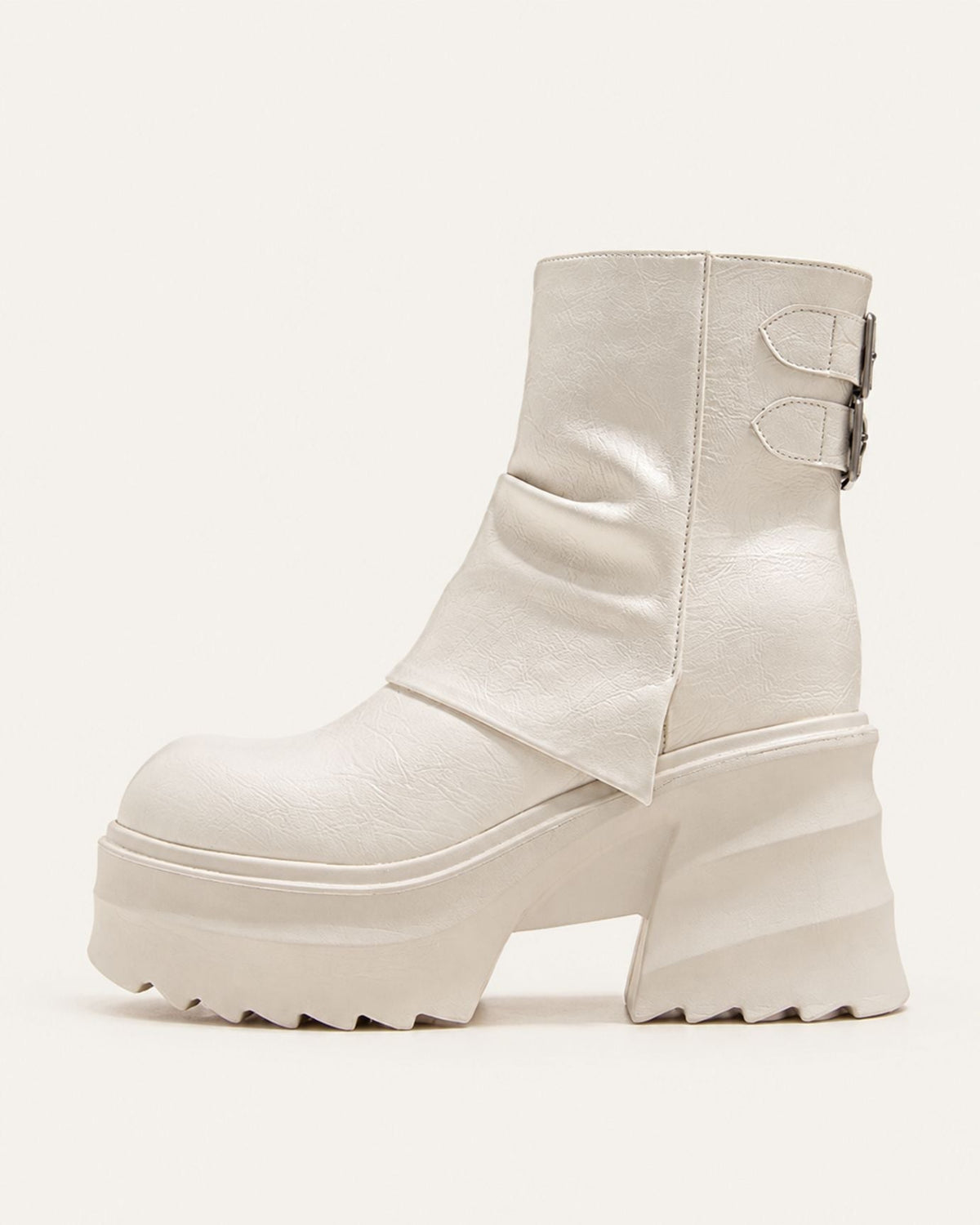 Lace-Up Combat Boots with 9cm Platform Block Heel – Beige – view 1