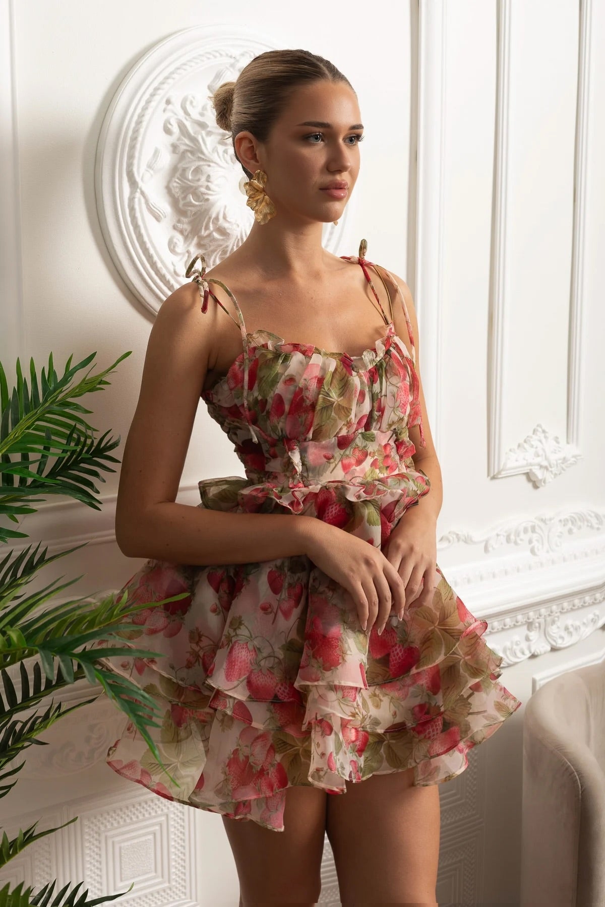 Printed Organza Ruffle Mini Dress with Lace-Up Corset Back – Strawberry