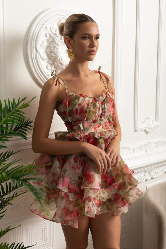 Printed Organza Ruffle Mini Dress with Lace-Up Corset Back – Strawberry
