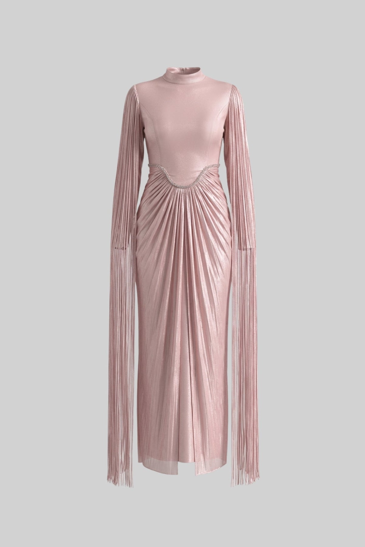 High Neck Maxi Dress with Draped Sheer Overlay and Crystal Waist – Blush Pink – view 5