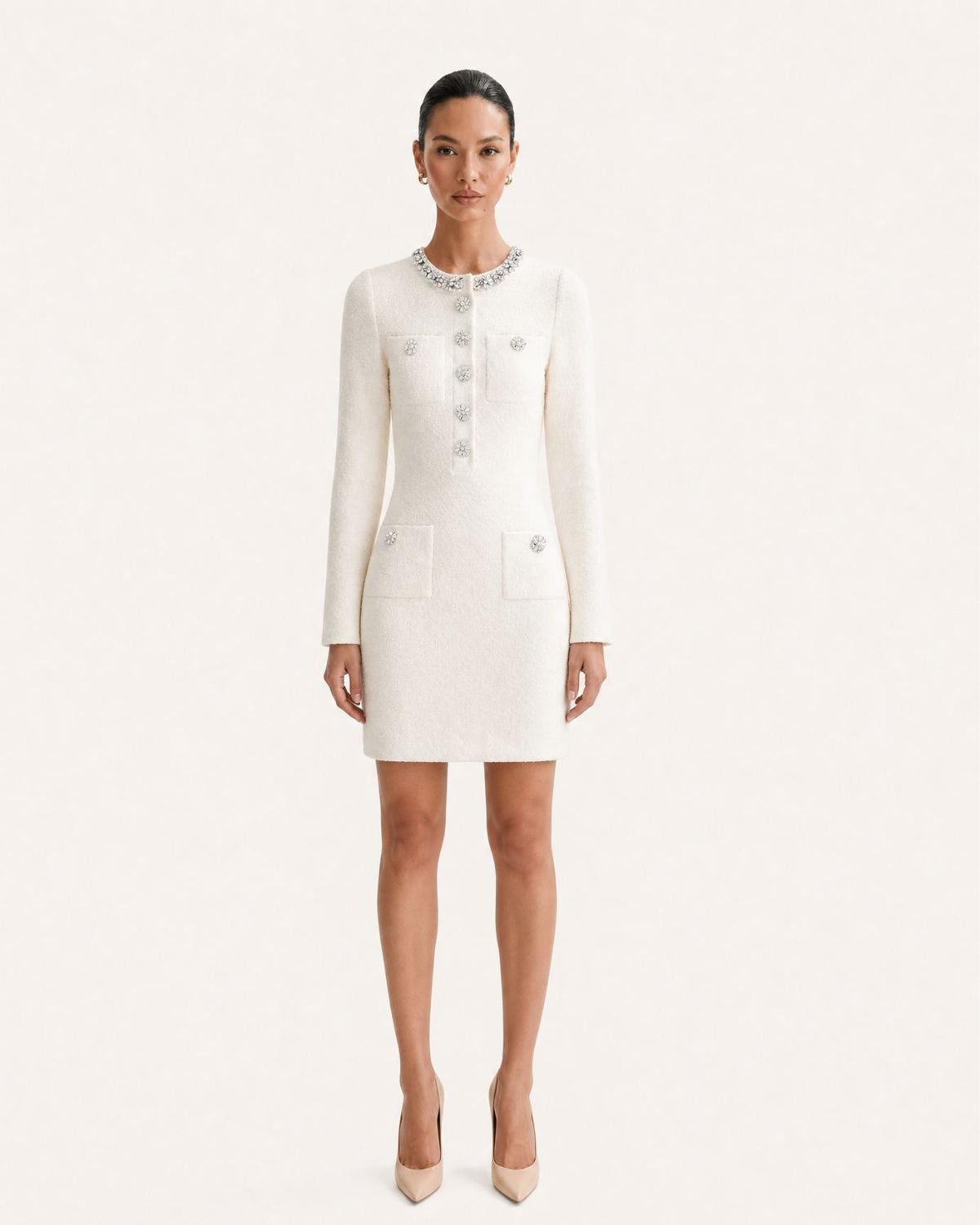 Long Sleeve Slim Fit Knit Mini Dress with Rhinestone Sleeves – view 7
