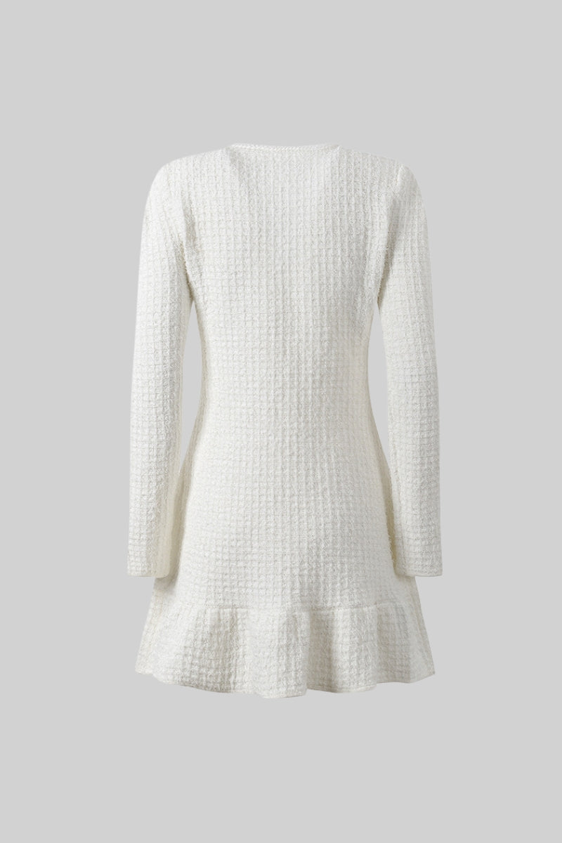 Long Sleeve Knee-Length Textured Knit Dress with Silver Buttons – White