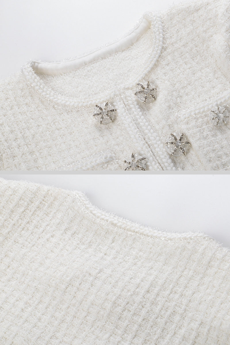 Long Sleeve Knee-Length Textured Knit Dress with Silver Buttons – White
