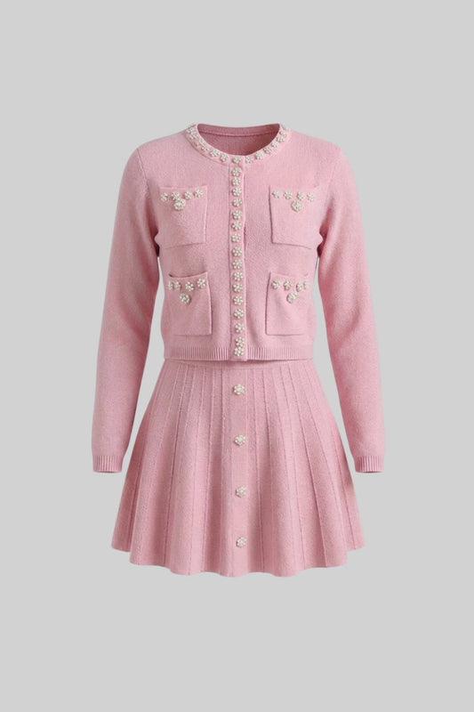 Crystal Embellished Knit Cardigan and Pleated Mini Skirt Set – Blush Pink – view 2