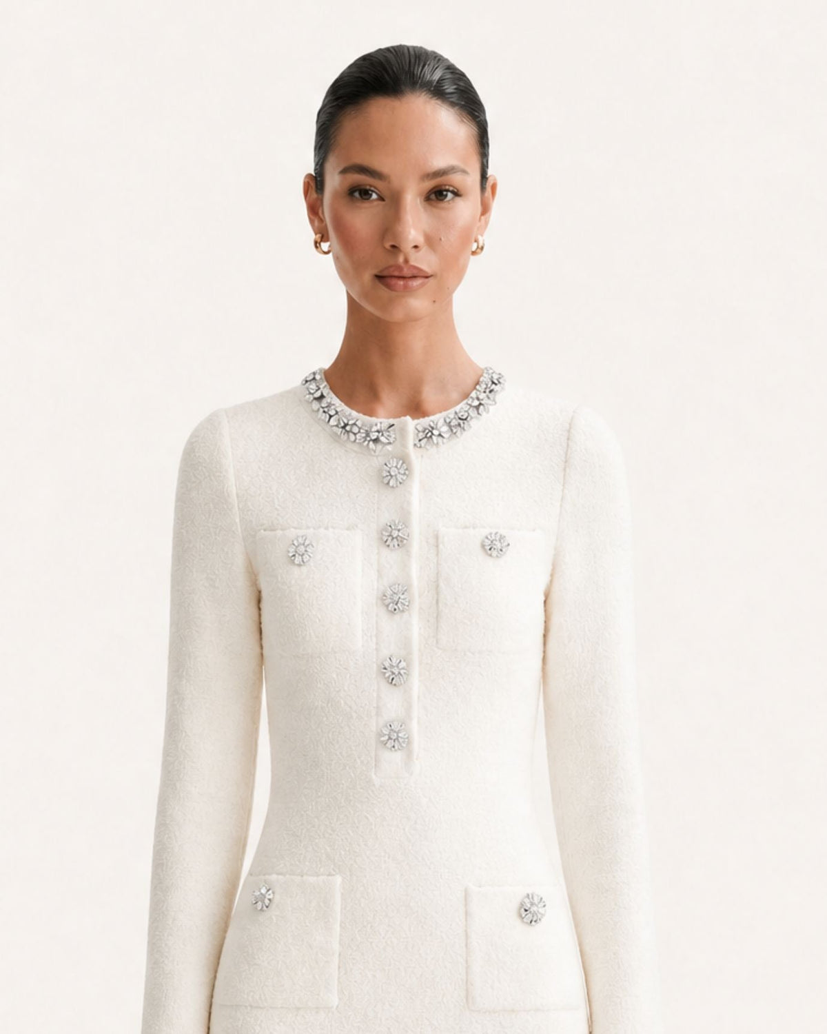 Long Sleeve Slim Fit Knit Mini Dress with Rhinestone Sleeves – view 8
