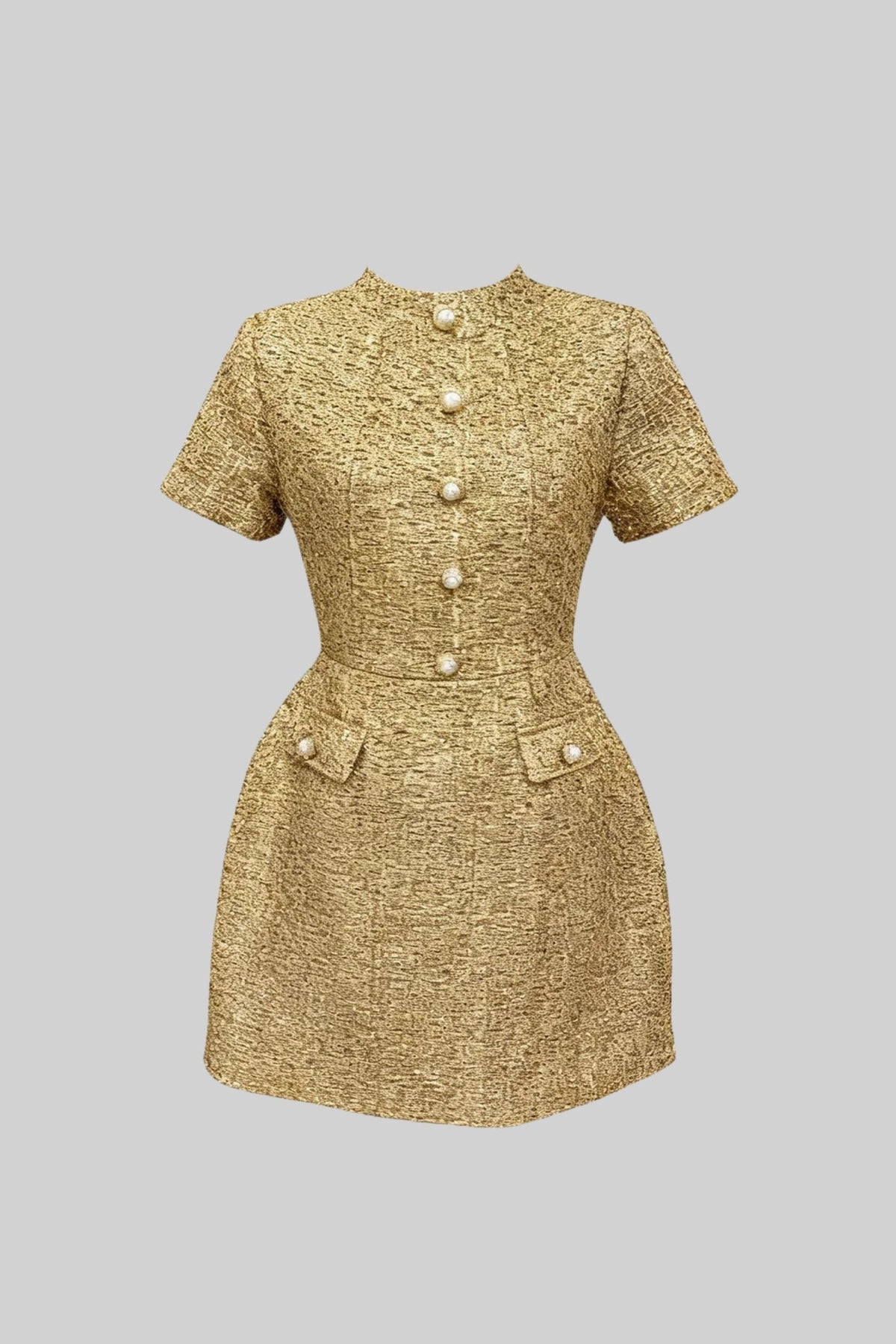Metallic Tweed A-Line Mini Dress with Pearl-Effect Buttons – Gold – view 2