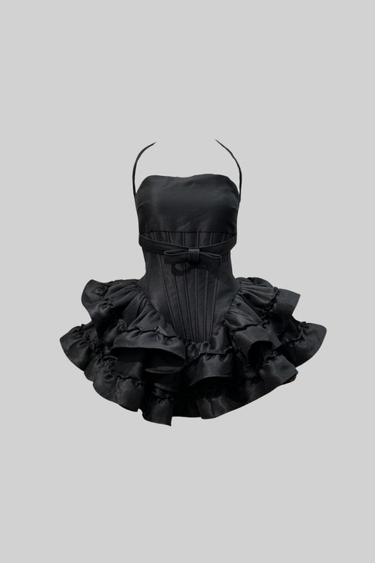 Sleeveless Corset-Style Mini Dress with Ruffled Flared Skirt – Black