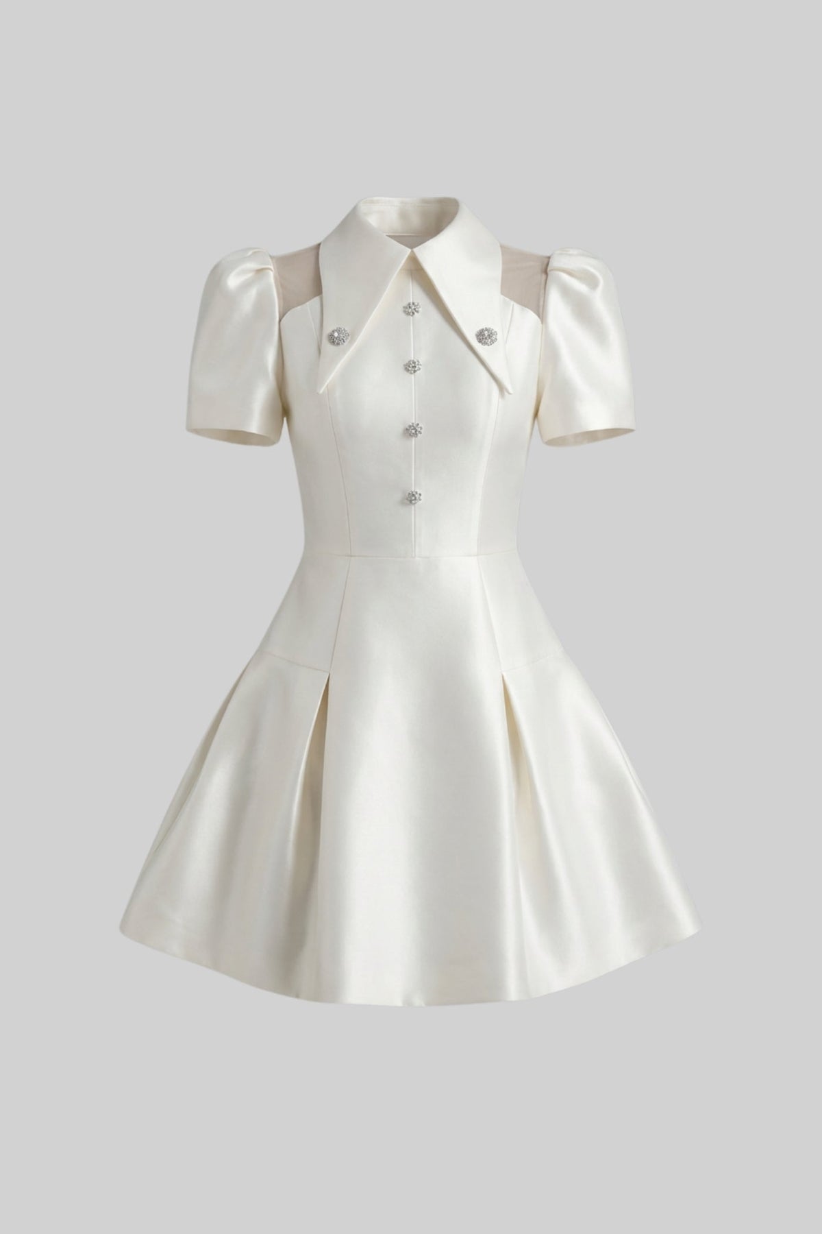 Doll Style V-Neck Mini Dress with Jewel Buttons and Flap Pockets – Ivory – view 2