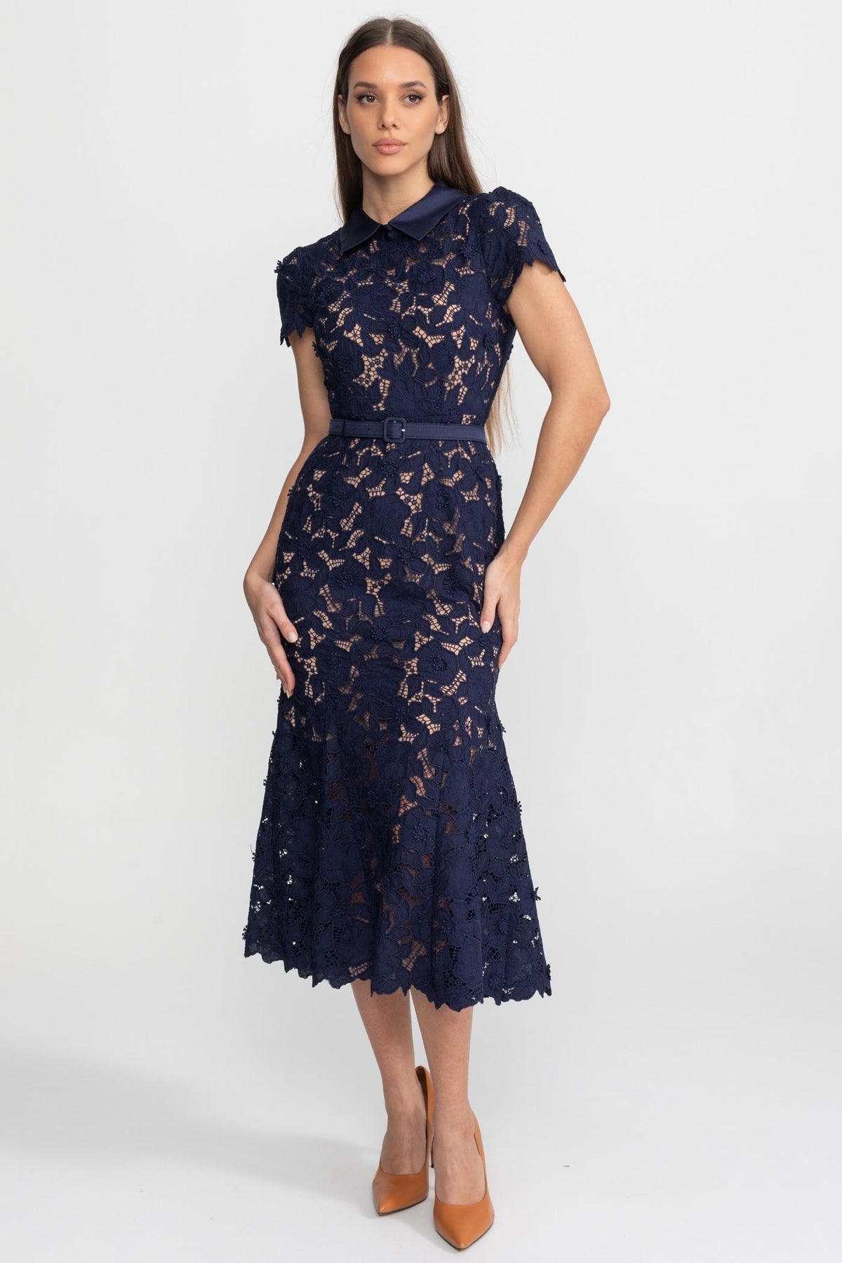 Lace Short Sleeve Midi Dress with Satin Collar and Belted Waist – Navy – view 1